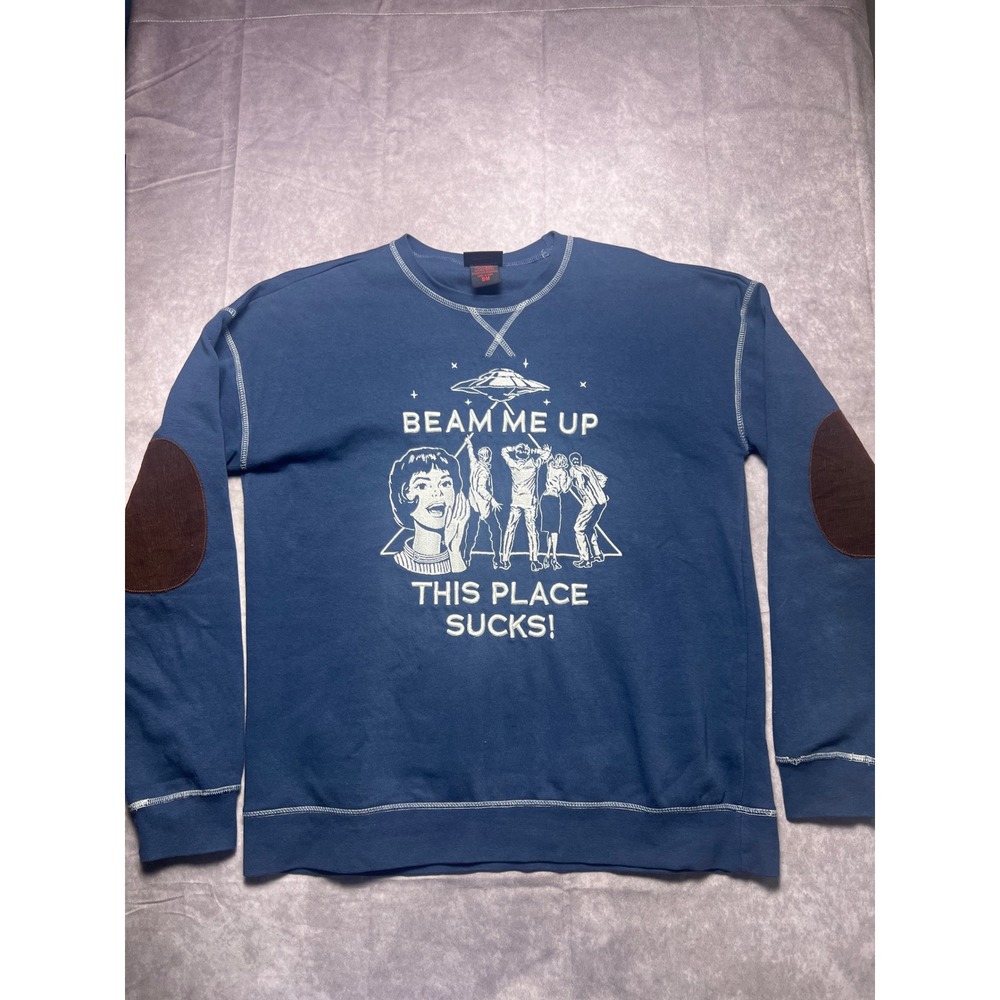 Netflix Stranger Things Sweatshirt Small Blue Beam Me Up UFO Elbow Patches 0945